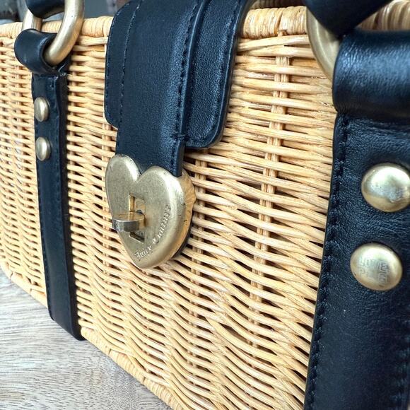 VTG Juicy Couture Rattan Basket Satchel Heart Lock Leather Trim Pink Lining Y2K - Picture 5 of 12